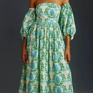 Anthropologie Strapless Dress with Blue and Green Floral Design